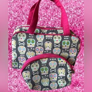 Enchante’ Accessories Set of Large & Small Cosmetic Bags-Sugar Skull Design NWOT